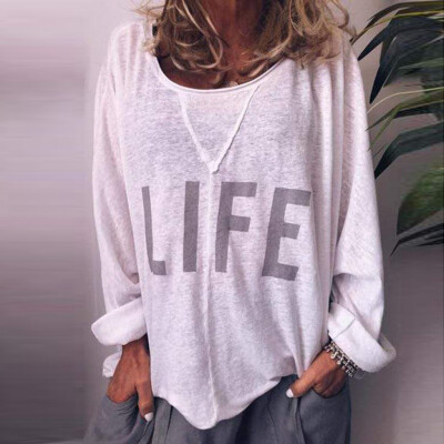 

Roseonmyhand Women Casual Long Sleeveless Printed Letters Round Neck Top Blouse