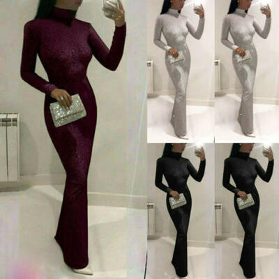

Fashion Womens Shiny Sequins Bodycon Maxi Dress High Neck Evening Party Cocktail