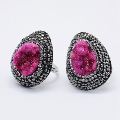 

Electroplated Natural Druzy Quartz Finger Rings with Polymer Clay Czech Rhinestone&Brass Findings Lead Free & Cadmium Free