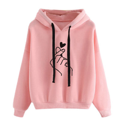 

Women Sweatshirt&Hoody Simple Autumn Harajuku Warm Long Sleeve Hooded Love Heart Print Plus Velvet Loose Yellow Pink Hoodies