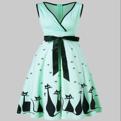 

Foreign trade hot sale ebay Amazon retro Halloween cat print sleeveless big dress Navy