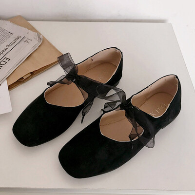 

Fangtou shallow-mouthed single-shoe fairy Korean version flat-soled tie bow retro ballet grandmother shoe spring