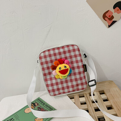 

2019 new wild plaid shoulder bag fashion Messenger small square bag cartoon cute colorful sun flower canvas bag