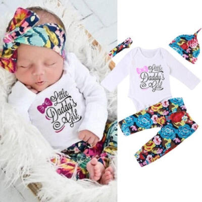 

Baby Newborn Baby Girls Cotton Tops Romper Pants Pants Hat Headband Outfits 4Pcs Set