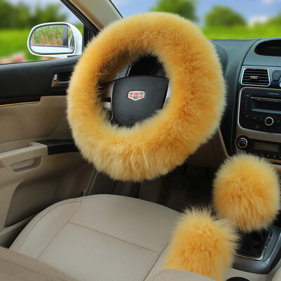 

Fashion 3Pcs Long Plush Fuzzy Steering Wheel Cover Light Camel Car Accessory