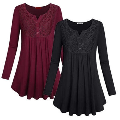 

Women Pleated Long-sleeved V-neck Blouse Casual Loose Crochet Floral Tops