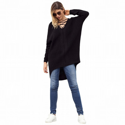 

V-neck cross with long sleeve ribbed knit sweater