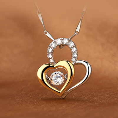 

Silver Womens Fashion Double Heart Pendant Necklace Gold Diamond Crystal Rhinestone Necklace Jewelry Gifts