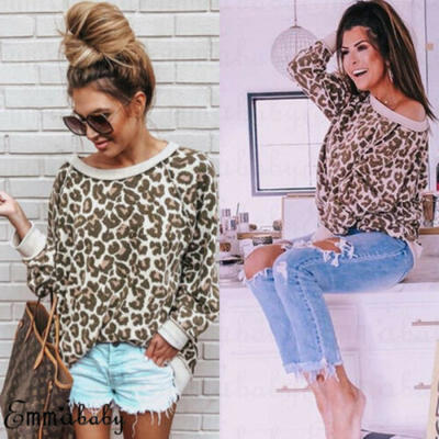 

Womens Leopard Print Loose T-Shirt Blouse Summer Long Plus Size Shirts Tee Tops