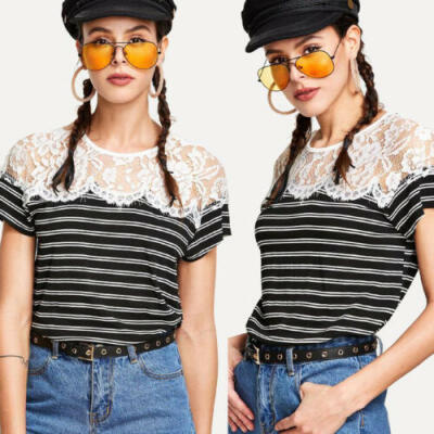 

Women Summer Casual Short Sleeve Lace Floral Blouse Tops Loose Striped T-Shirts