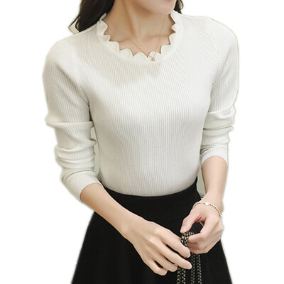 

Fashion Women Pullovers slim thread bottoming sweater lace low round neck solid color sleeve long sleeve sweater top female