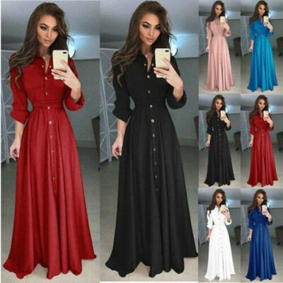 

Women Long Sleeve Button Dowm Maxi Dress Evening Party Casual Shirt Dress