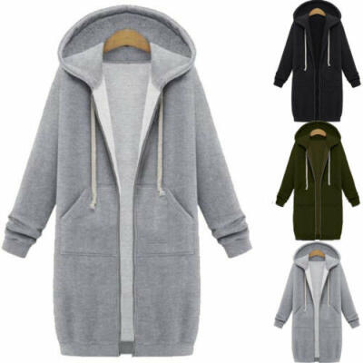 

UK 8-24 Women Warm Zipper Open Hoodies Sweatshirt Long Coat Jacket Tops Outwear