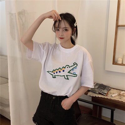 

Women Summer Elegant Design Korean Loose Dinosaur Embroidery T-shirt Harajuku Style Half Sleeve Shirt White