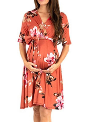 

Sweet V-neck LIne Butterfly Floral Printed Loose Maternity Dress