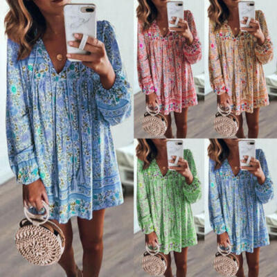 

Womens Floral Loose Beach V-Neck Dress Long Sleeve Swing Mini Short Sundress UK