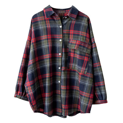 

Vintage Plaid Women Blouses Long Sleeve Shirts 2019 New Autumn Casual Loose Pocker Femme Tops
