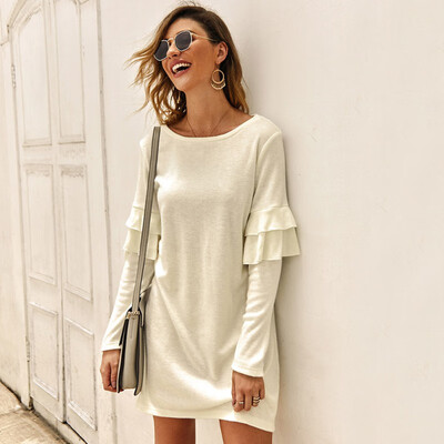 

Women Solid Color Wild Round Collar Sexy Knit Slim Shirts Long Sleeve Mid-length Casual Sweater Dress