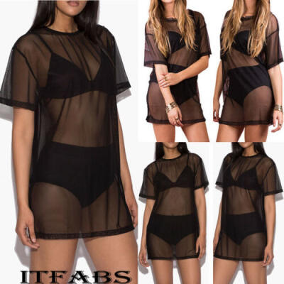 

CA Boho Women Mesh Bikini Blouse Party Short Mini Dress Summer Beach Casual Loos