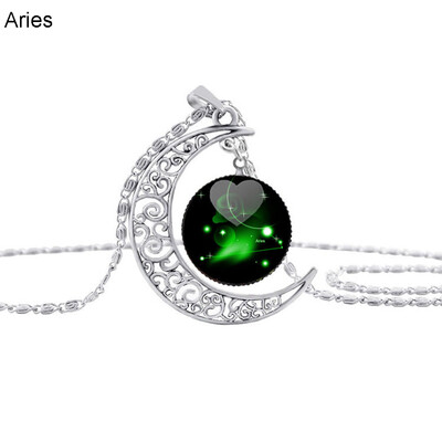 

Fashion Unisex Party Jewelry 12 Constellation Faux Gem Hollow Moon Necklace