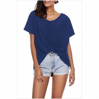 

Round neck short-sleeved front knotted skirt loose solid color T-shirt top