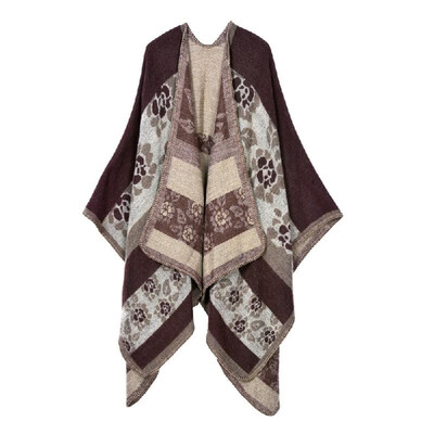 

Women Knitted Shawl Poncho Faux Cashmere Jacquard Floral Pattern Oversized Long Boho Ethnic Cape