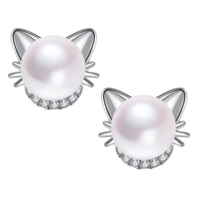 

Cat Earrings&Pendant Necklace for Women Girls Freshwater Pearl 18K Gold Plated 925 Sterling Silver Ear Studs for Cat Lovers