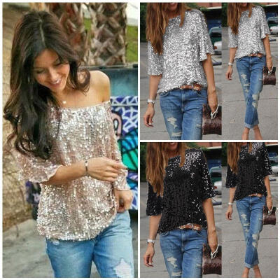 

Women Off-shoulder Sexy Slim Blouses Loose Shirt Tops Glistening Sequin Tank Top