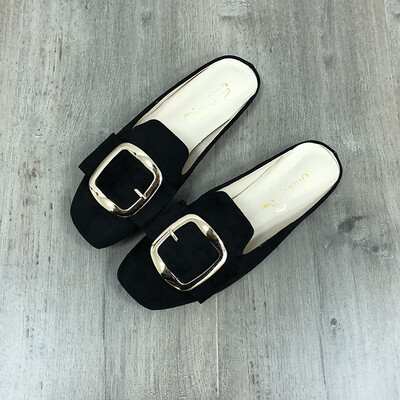 

Flat-bottomed Baotou slippers 2019 spring&autumn female loafers wear square metal buckle sandals shoes with no heel
