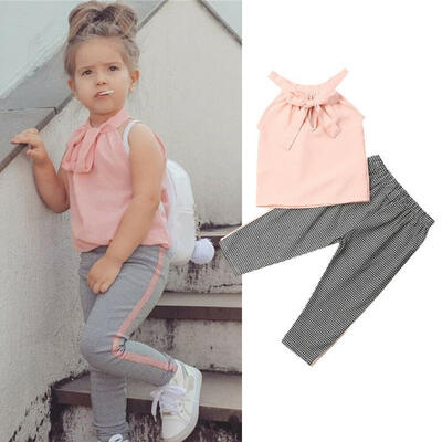 

Toddler Kids Baby Girls Clothes Set Off Shoulder Ruffle Lace Top Bowknot Shirts Striped Plaid Pants Outfits