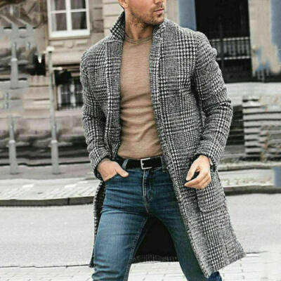 

Mens Lapel Trench Coat Shearling Jacket Single Breasted Slim Fit Outwear Casual