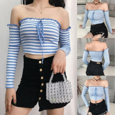 

Women Summer Casual Off Shoulder Tank Top Vest Blouse Long Sleeve Crop Top Shirt