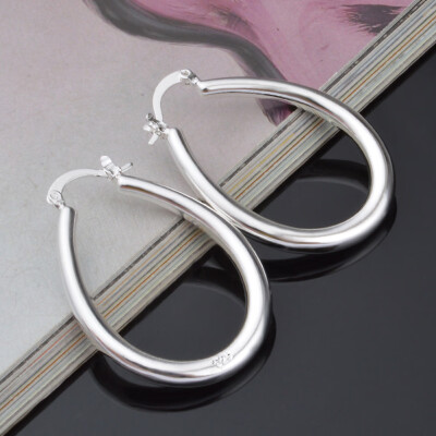 

Silver Plated Big Hollow Oval Hoop Earring Fashion Women Party Banquet Jewelry