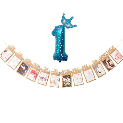

Toponeto Baby Birthday Party Kraft Paper Photo Frame Pull Flag Decoration Letter Banner