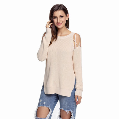 

Round neck long sleeve off-the-shoulder casual knit sweater