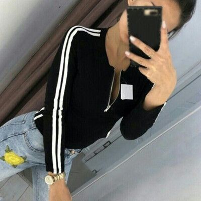 

Women Sexy Zipper Opening Casual Tops Striped Long Sleeve T-Shirt Jumper Blouse
