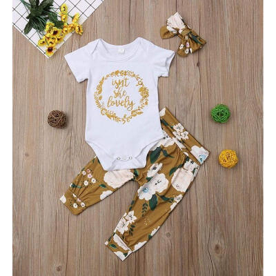 

Lovely 0-18M Infant Newborn Baby Girl Short Sleeve Cotton Bodysuit Tops Floral Pant Headband