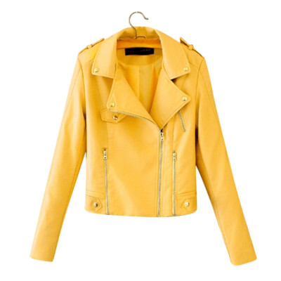 

Toponeto Womens Casual Solid Color Lapel Zipper Long Sleeve Leather Jacket Coat