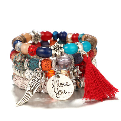 

Fashion Multilayer Natural Stone Crystal Bangle Wing Love Flowers Women Jewelry