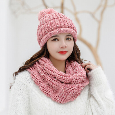 

Winter Knitted Wool Hat Lady wool ball thicker set head hat neck set warm ear protector two sets