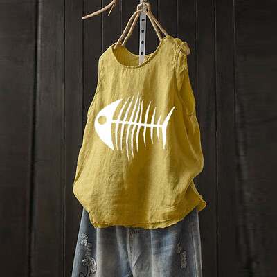 

Roseonmyhand Plus Size Women Sleeveless Cotton Linen O-Neck Print Blouse Top T-Shirt