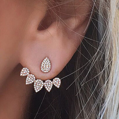 

E774 Korean Jewelry Zircon Heart Crystal Flower Stud Earrings For Women Fashion Double Sides Gold Silver Color Statement Jewelry