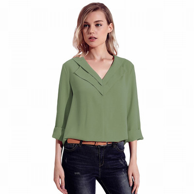

Shirt womens long-sleeved versatile loose tooling solid color V-neck shirt