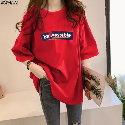 

Womens Round Neck Letter Print Short Sleeve Loose Long T-Shirt Simple Casual Summer Cool Tops
