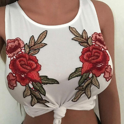 

Sexy Women Bodycon Crop Top Vest Floral Embroidery O-Neck Sleeveless Casual Short Slim Blouse BlackWhite