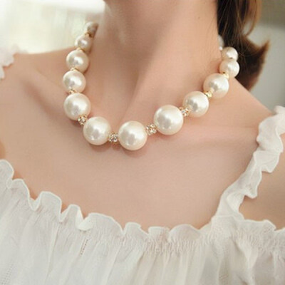 

Womens Gorgeous Luxury Big Faux Pearl Rhinestone Bib Statement Chain Necklace