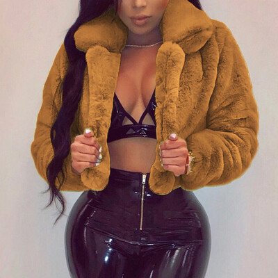 

Roseonmyhand Fashion Women Coat Fluffy Fleece Turn-down Collar Faux Fur Top Short Loose Coat