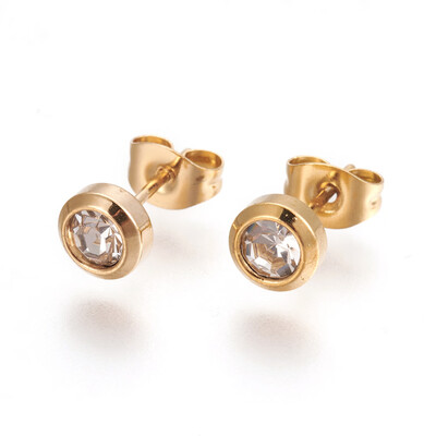 

304 Stainless Steel Ear Studs with Rhinestone Crystal Golden 135mm Pin 08mm