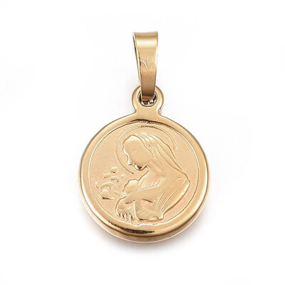 

304 Stainless Steel Pendants Flat Round with Virgin Mary Golden 17x14x2mm Hole 4x6mm