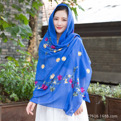 

2018 explosion models autumn&winter flowers embroidery cotton&linen scarf bib literary national wind embroidery sunscreen shawl scarves